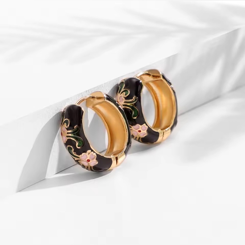 Vintage-inspired Black Floral Boho enamel hoop earrings for pierced ears